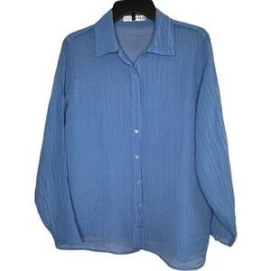 Cut Loose Semi Sheer Blue Crinkle Texture Button Up Long Sleeve Top Size Medium